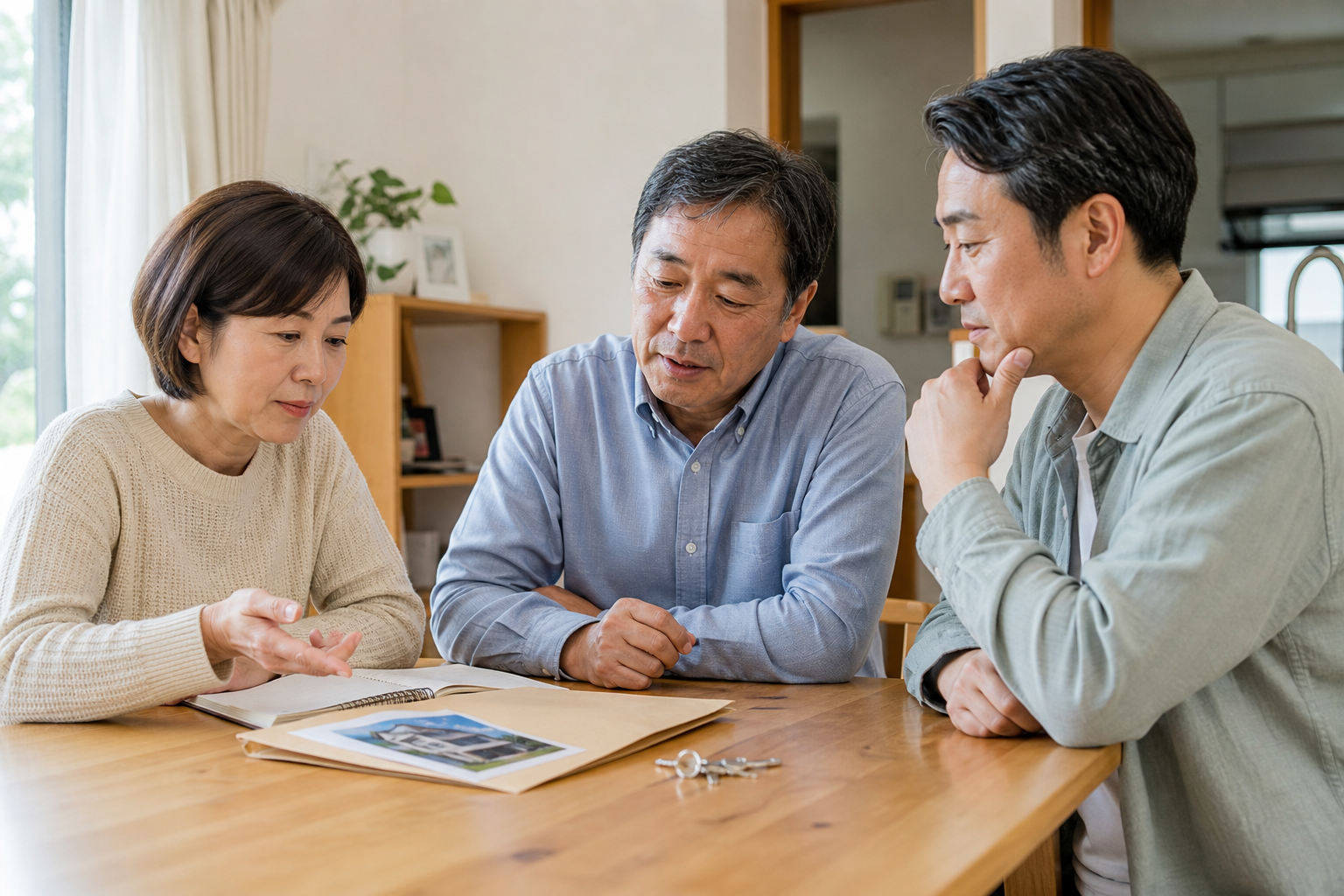 実家の資料を見ながら状況を整理する家族