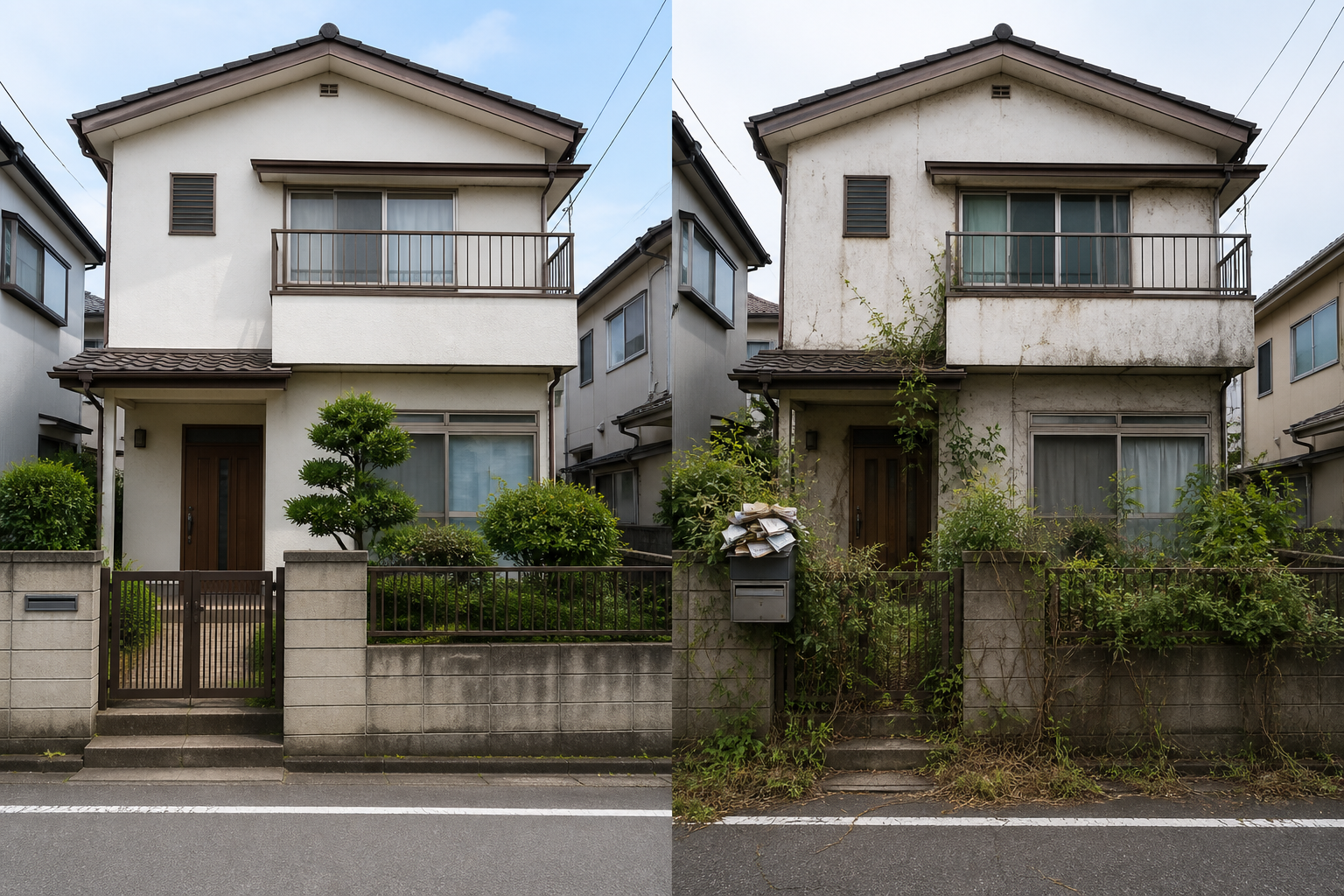 管理されている空き家と放置された空き家の状態比較