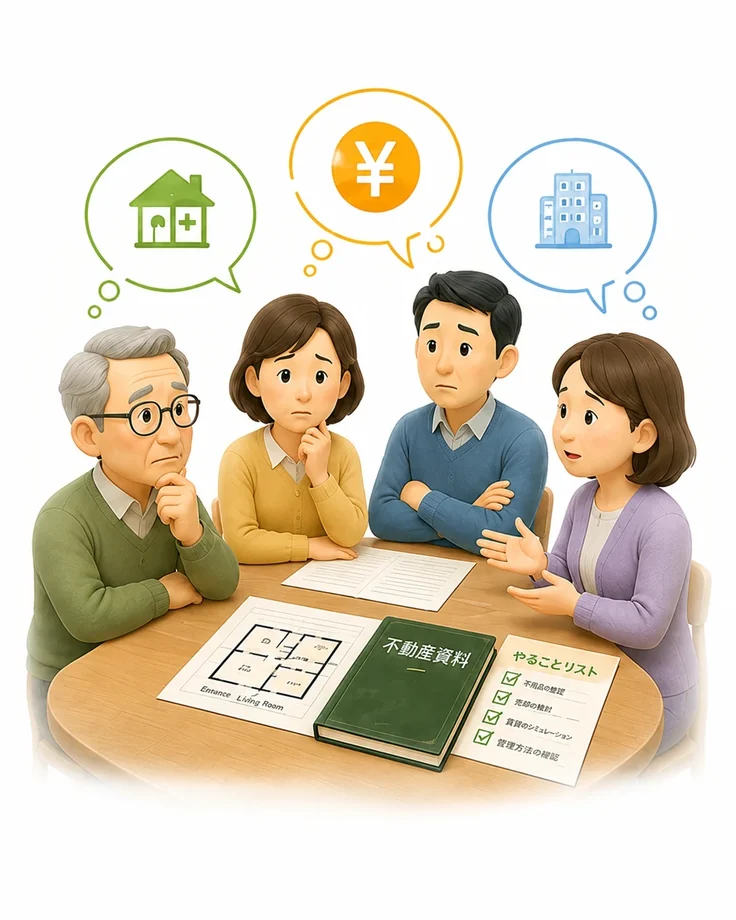 実家の扱いについて家族の意見がまとまらないケースを表すイメージ