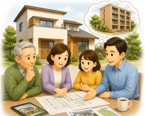 実家を建て替える・活用する選択肢のイメージ（土地と建物の可能性を検討）
