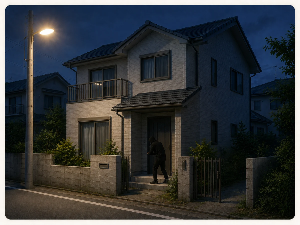 街灯のある夜の空き家で玄関付近に侵入者がいるイメージ