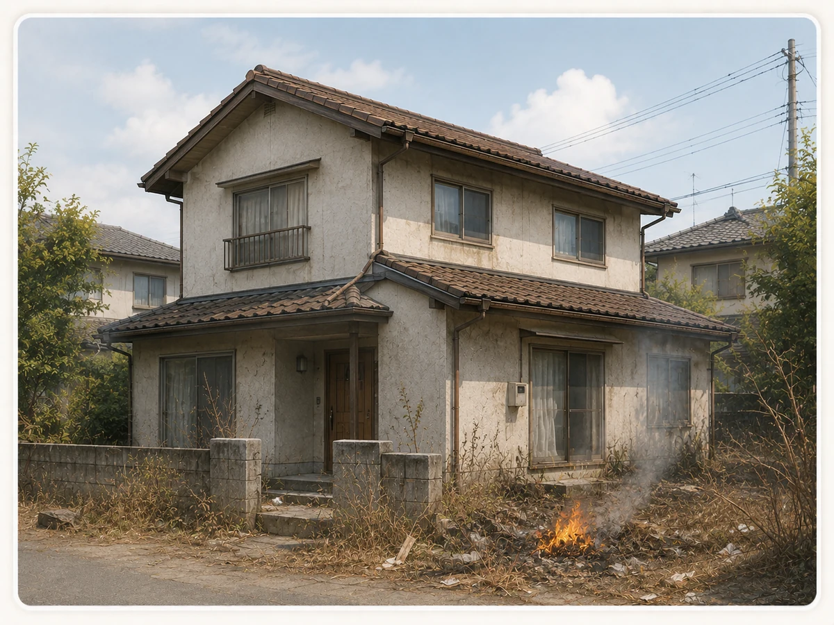 空き家の枯れ草付近に小さな火がある放火リスクのイメージ