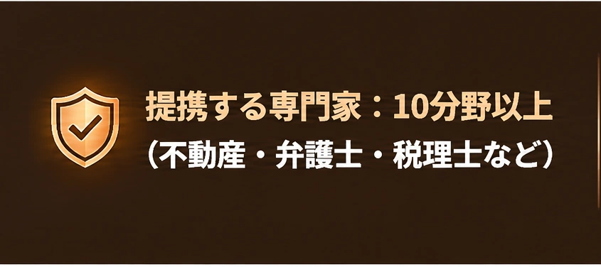 提携する専門家：10分野以上。不動産・弁護士・税理士など