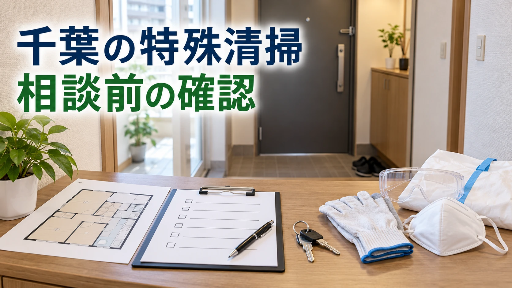千葉の特殊清掃で相談前に鍵・間取り図・チェックリスト・保護具を確認するイメージ