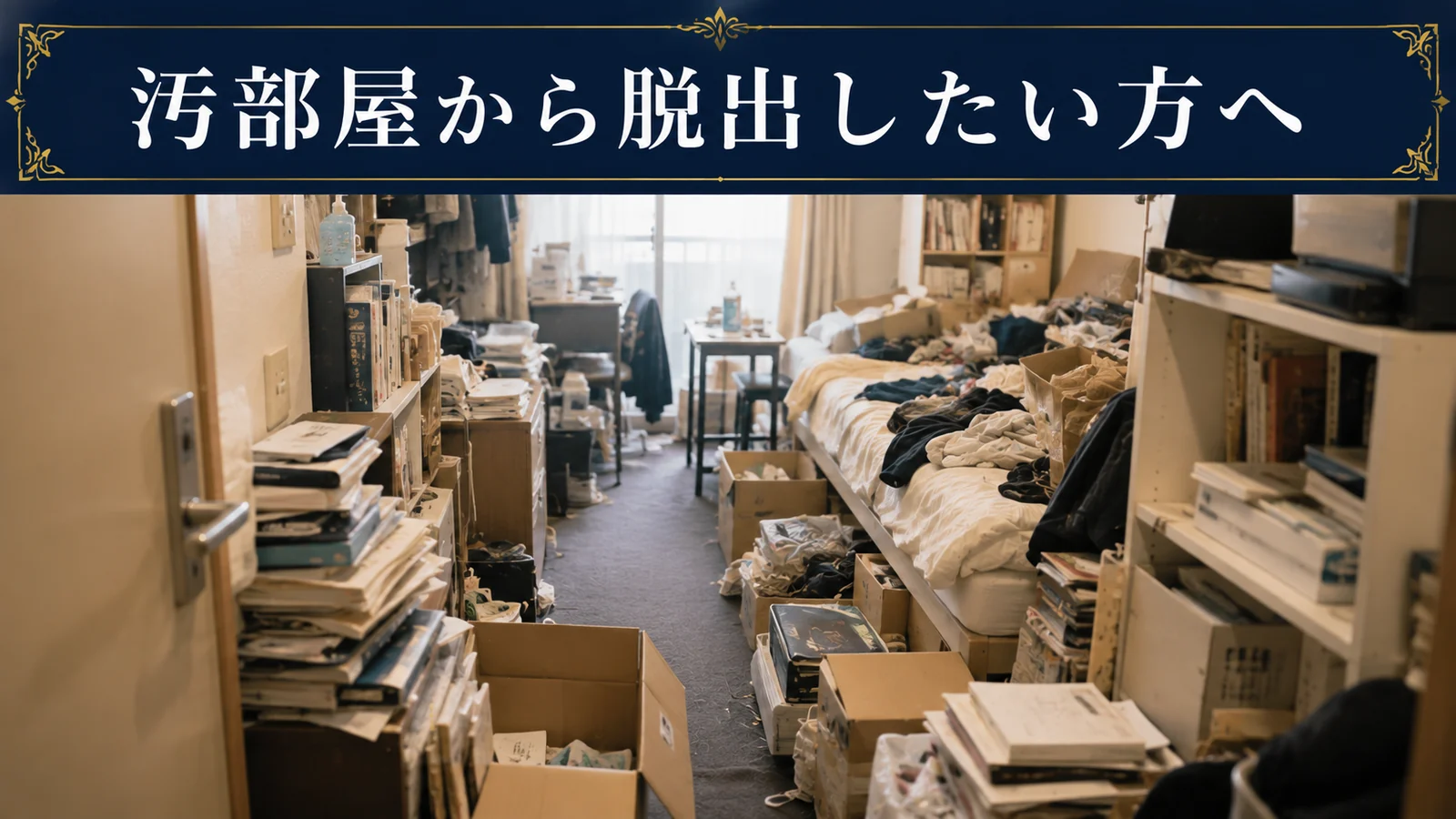 衣類や本や段ボールが増えた室内で生活動線を確保しながら小さく片付け始めるイメージ