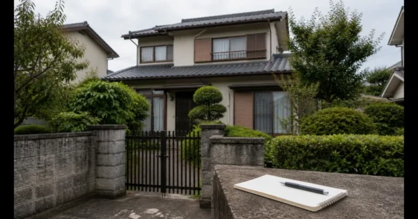 保有中の空き家で外観、郵便物、漏水、換気、戸締まり、記録を順に点検するイメージ