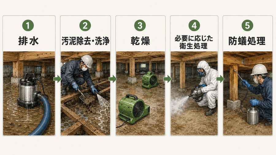 排水、汚泥除去と洗浄、乾燥、必要に応じた衛生処理、防蟻処理の5工程