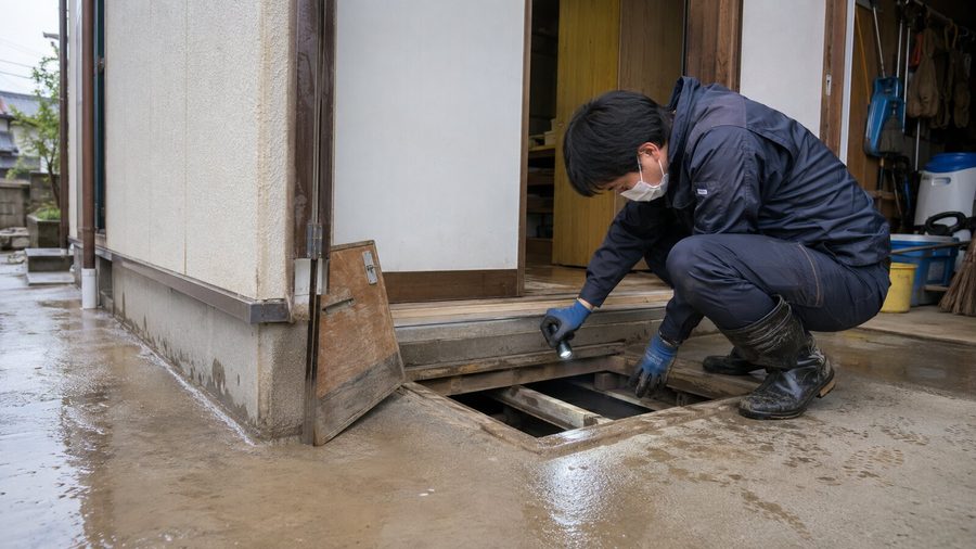 浸水後の日本家屋で床下の状態を確認する水害復旧作業員