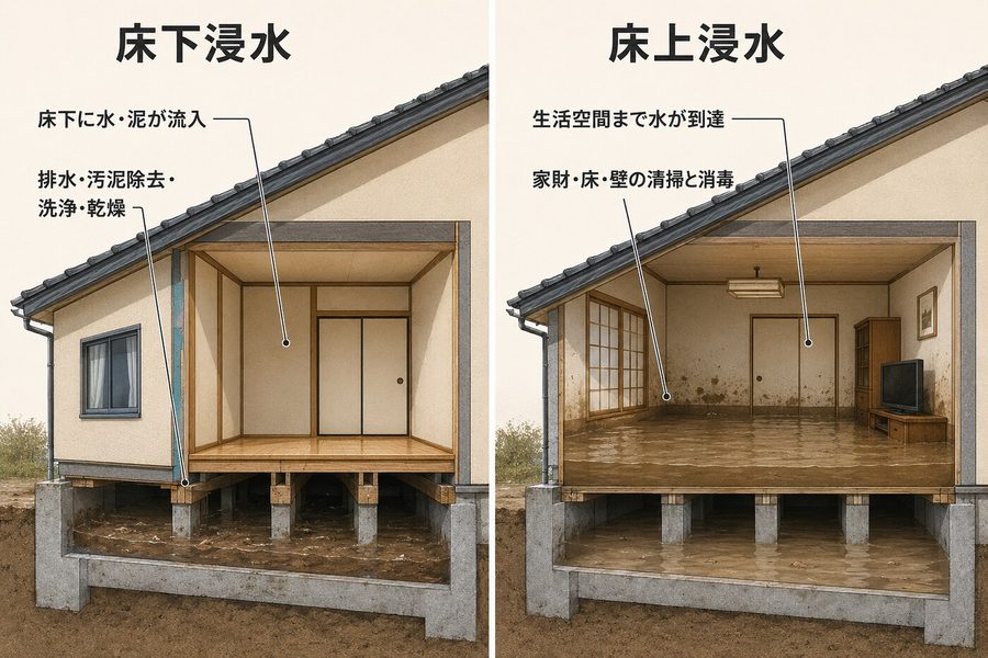 床下浸水と床上浸水の範囲および必要な対応を比較した住宅断面図