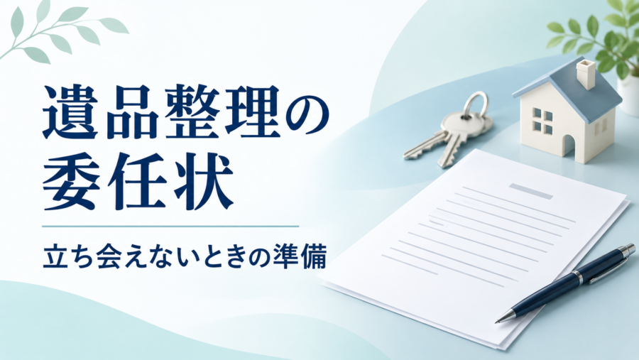 遺品整理の委任状と立ち会えないときの準備を表す、書類・鍵・家のイラスト